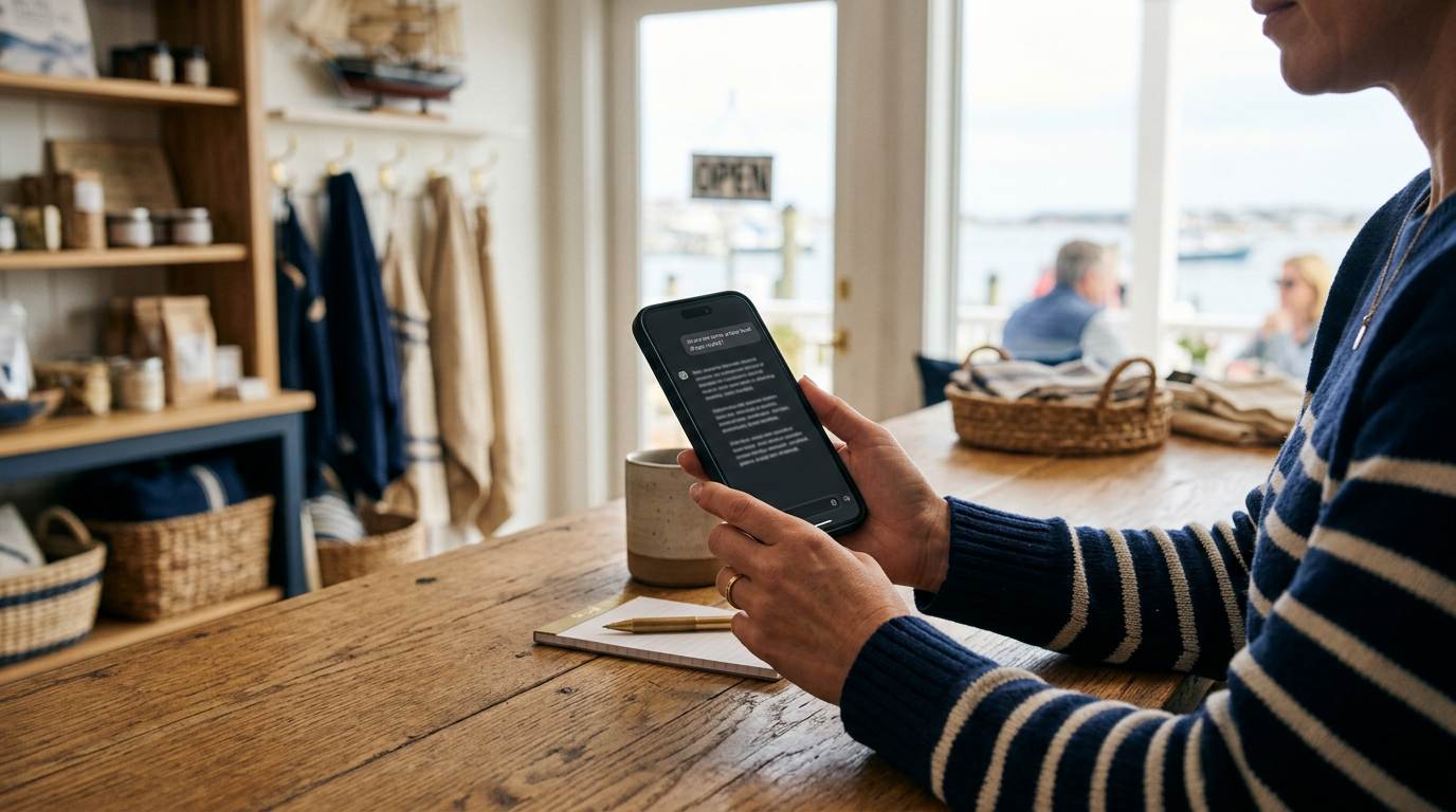 A shop owner at a wooden counter in a coastal store reads an AI assistant's answer on a smartphone