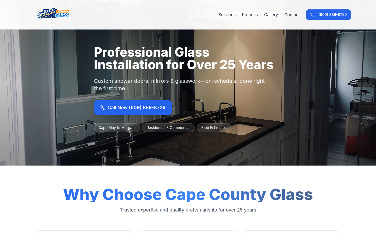 Homepage design for Cape County Glass (capecountyglass.com)