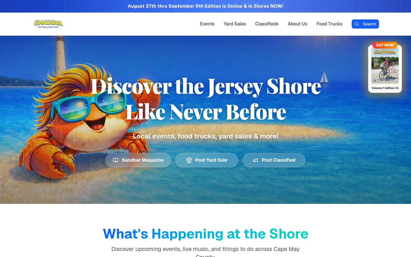 Homepage design for Sandbar Magazine (sandbarmag.com)